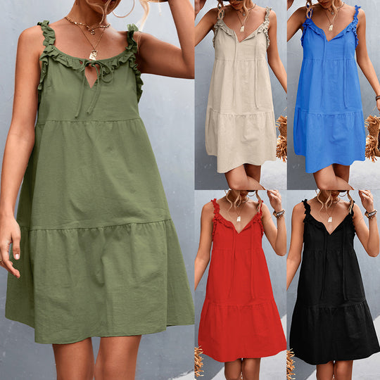 Damen lässiges Sommerkleid mit Rüschendetails und verstellbarem Taillenzug R&B