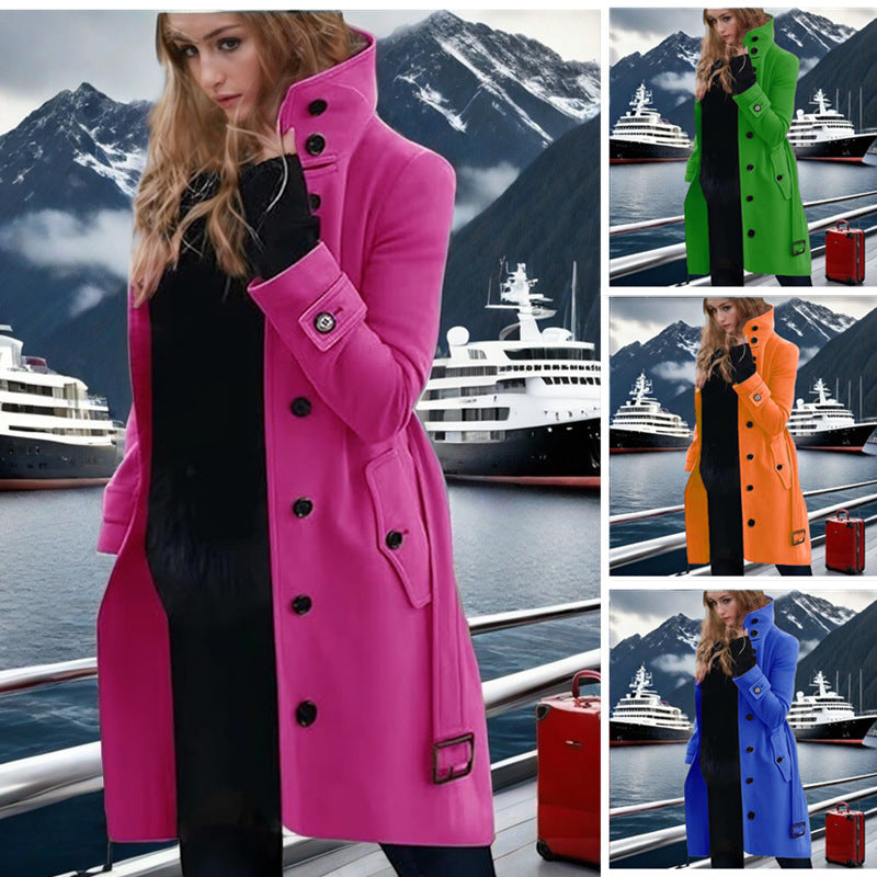 Damen eleganter Trenchcoat mit hohem Kragen und doppelter Knopfleiste R&B