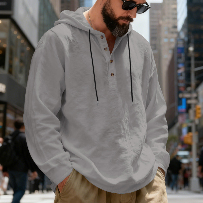 Herren nan leichter Kapuzenshirt mit Knopfleiste aus Leinenmischung und entspanntem Schnitt R&B