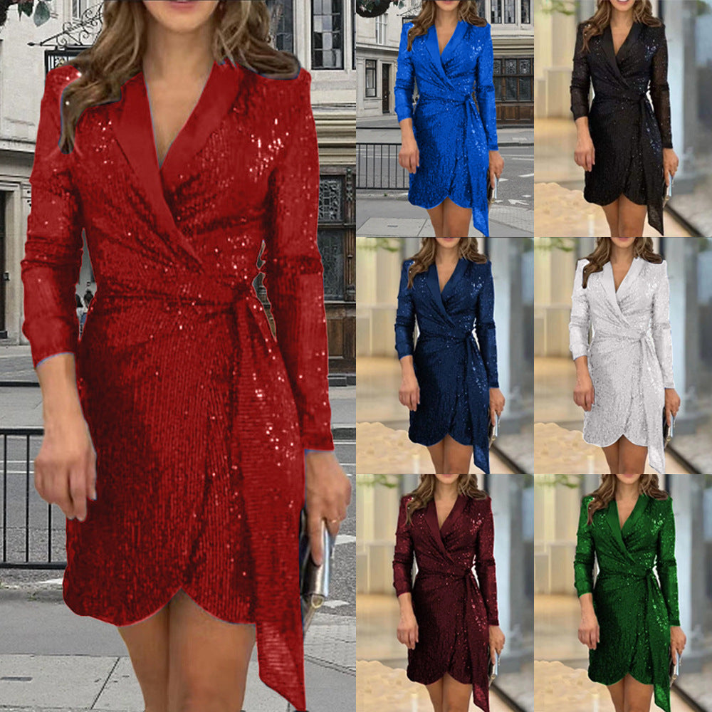 Damen Glamouröses Pailletten Minikleid mit Wickeldesign R&B