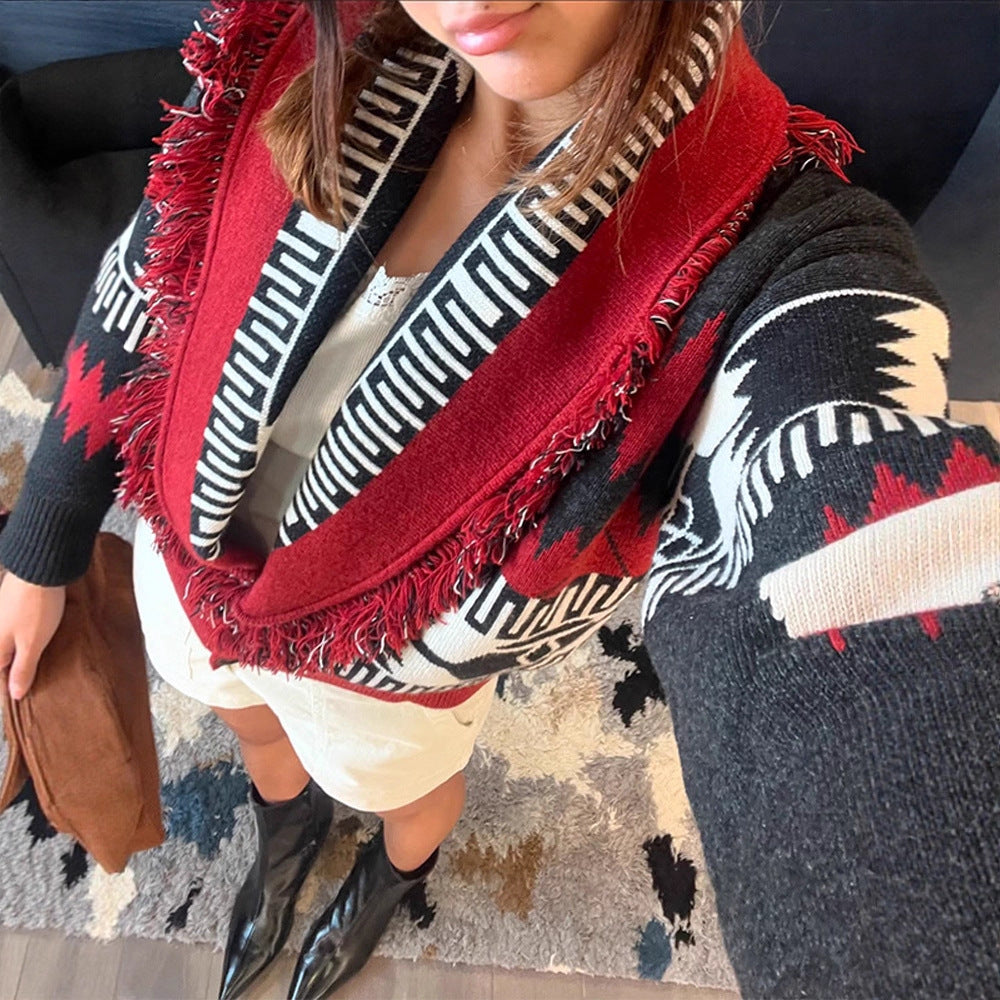 Damen gestrickte Cardigan mit fransigen Details und geometrischem Muster R&B