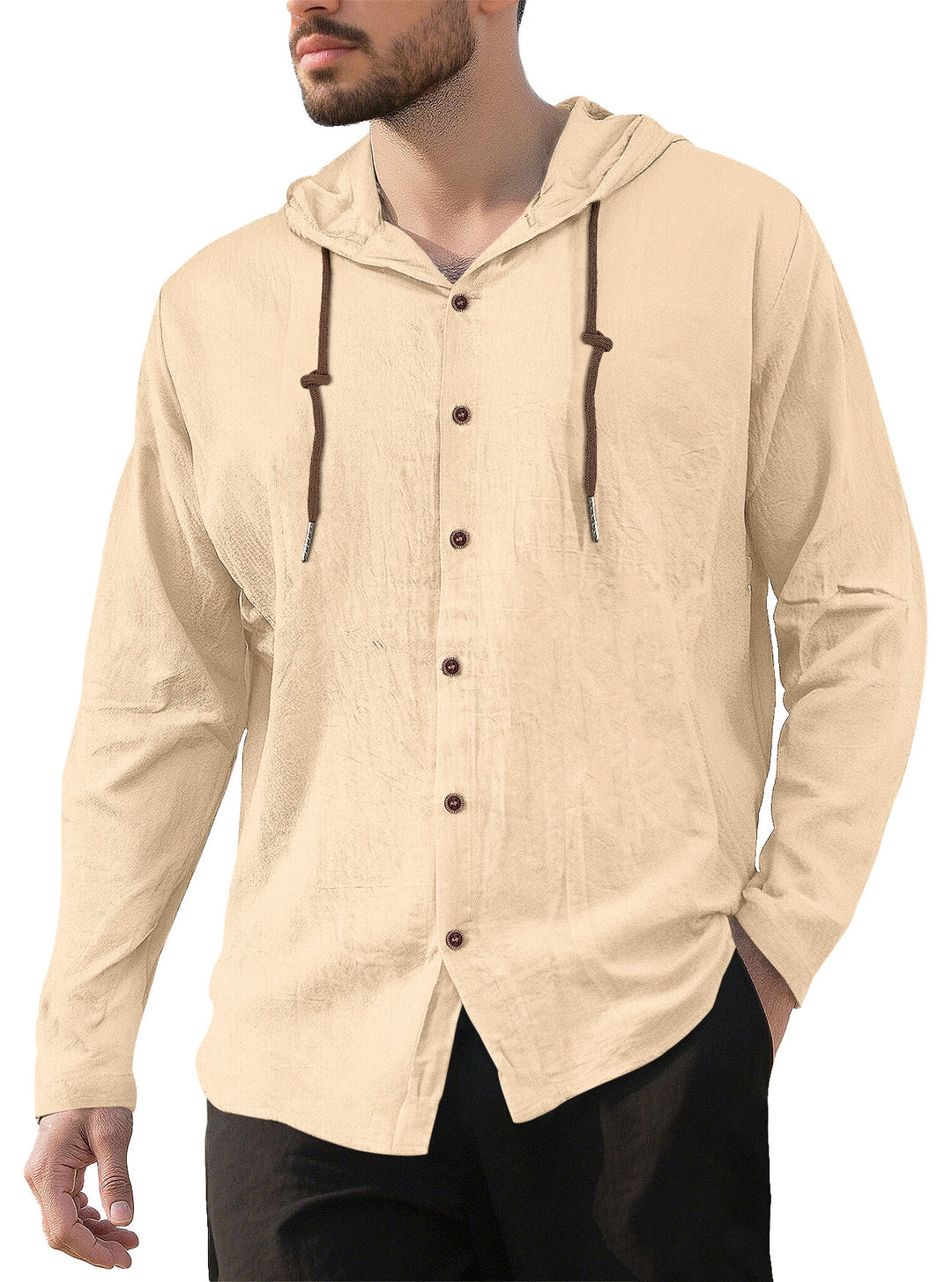 Herren nan Kapuzenhemd im Leinen-Look mit durchgehender Knopfleiste und Kordelzug R&B