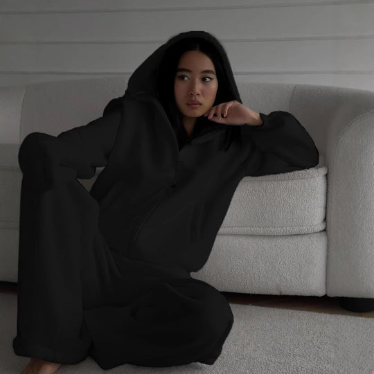 Damen lässiger Jumpsuit mit Kapuze und Reißverschluss R&B