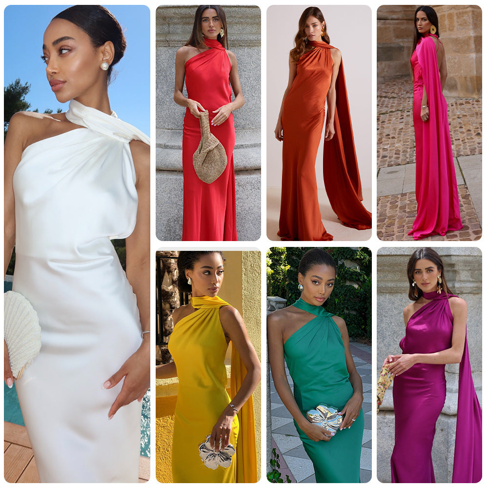 Damen Elegantes Abendkleid mit fließendem Design und schulterfreier Kapuze R&B