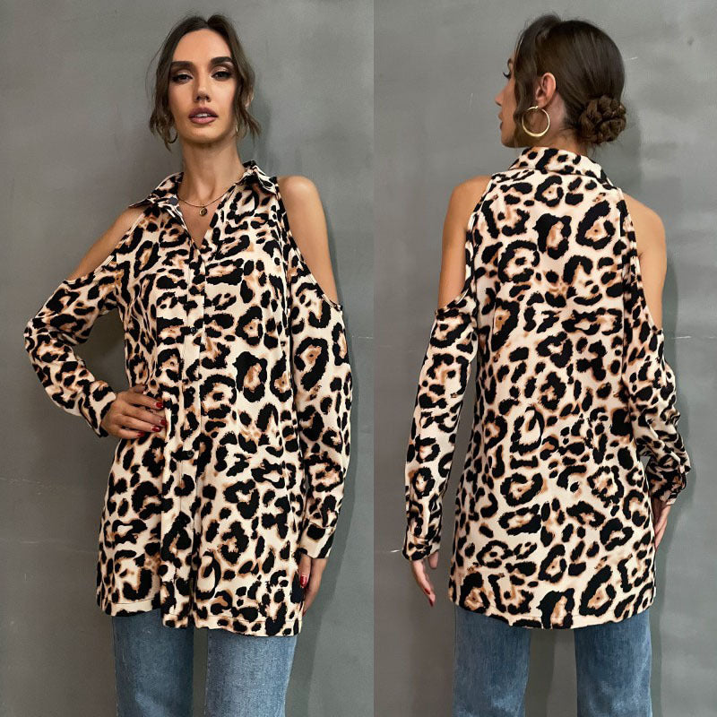Damen Bluse mit offenen Schultern und Leopardenmuster R&B