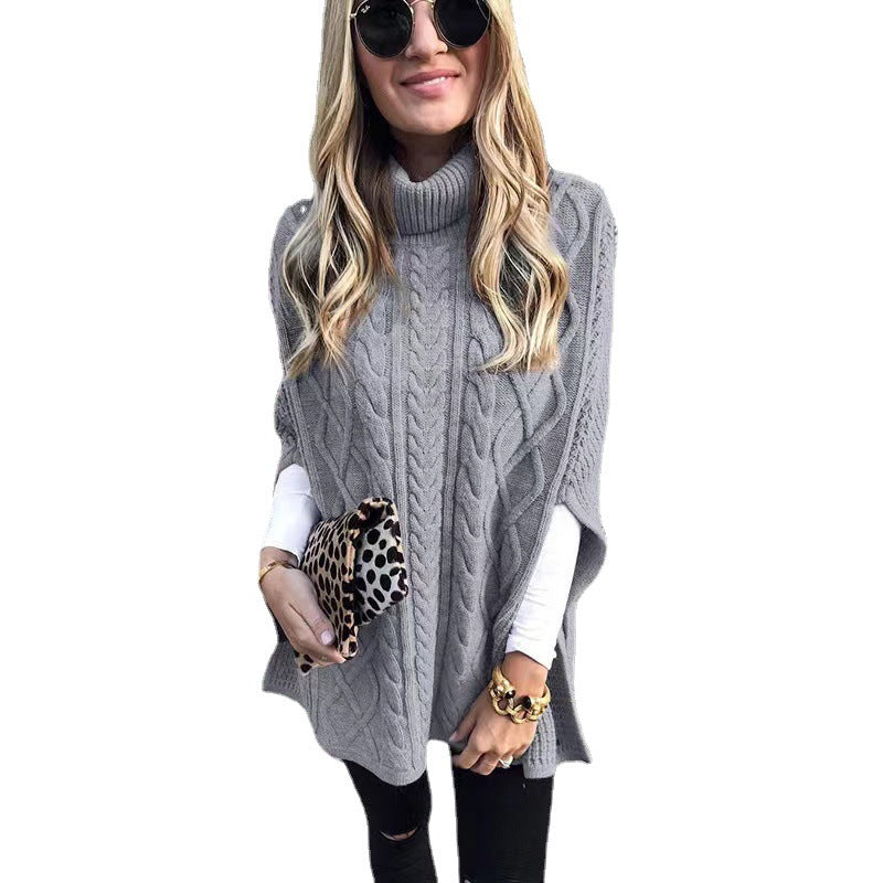 Damen nan kastiger Strickponcho mit hohem Rollkragen, Zopfstruktur und seitlichen Schlitzen R&B
