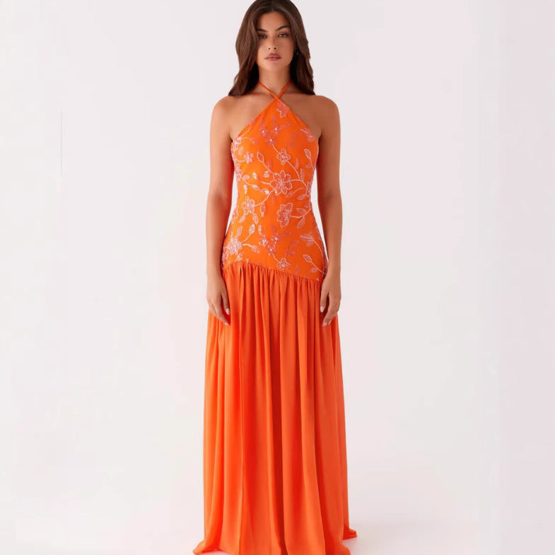 Damen Elegantes Maxikleid mit floralem Print und schwingendem Rock R&B