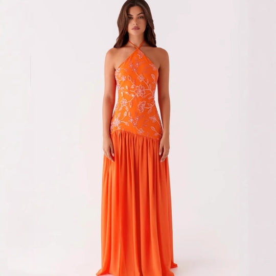 Damen Elegantes Maxikleid mit floralem Print und schwingendem Rock R&B
