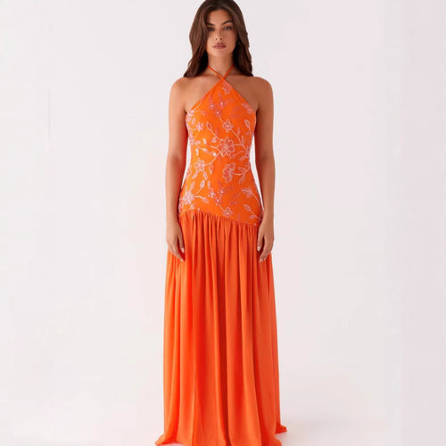 Damen Elegantes Maxikleid mit floralem Print und schwingendem Rock R&B
