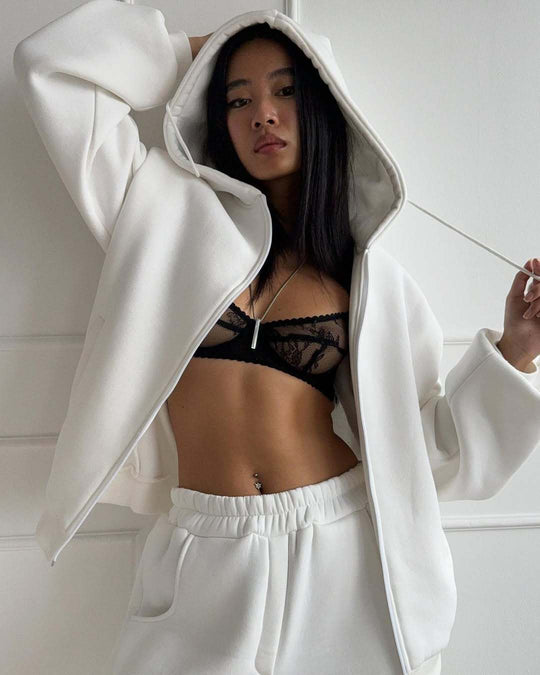 Damen lässiger Jumpsuit mit Kapuze und Reißverschluss R&B