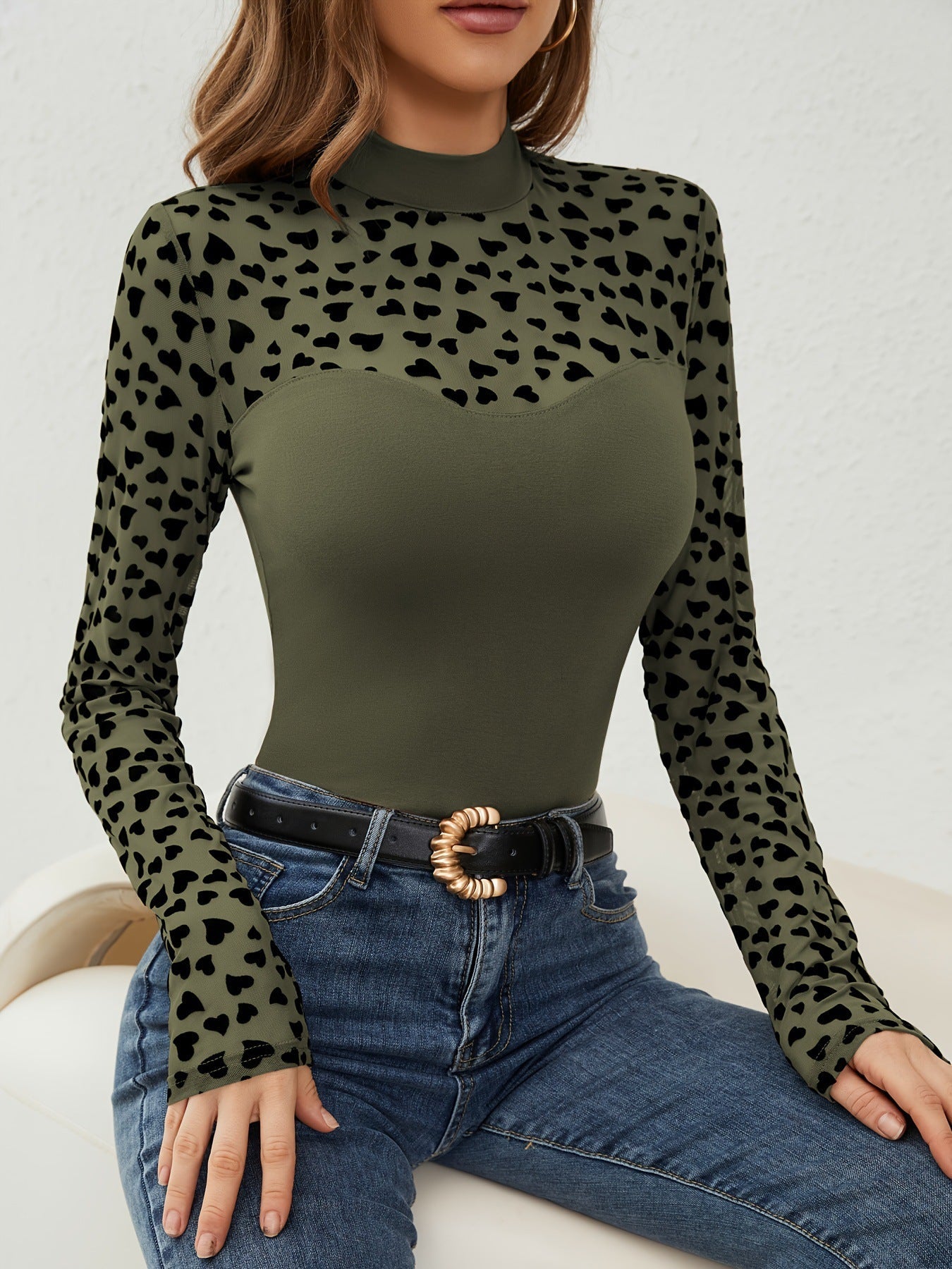 Damen Gemusterter Langarmbody mit hohem Kragen R&B