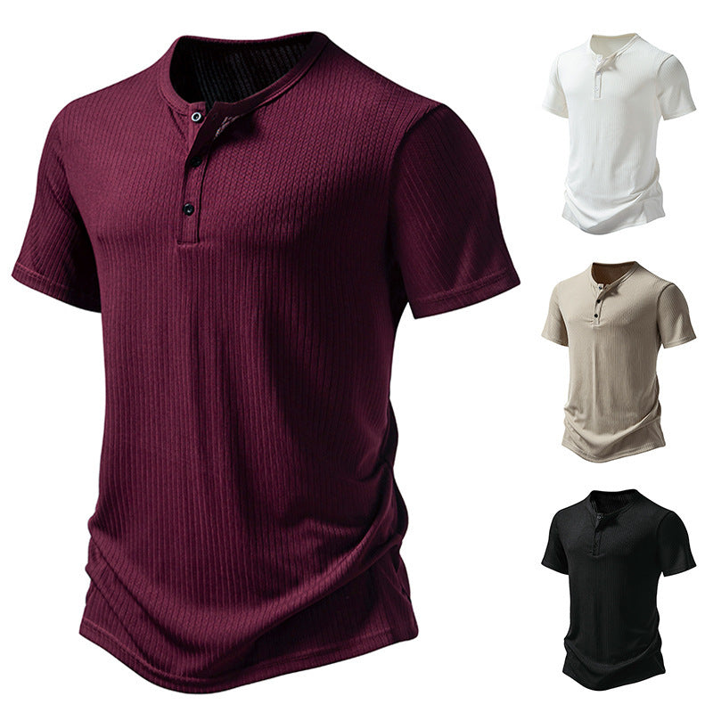 Herren stylisches Kurzarm-Henley-Shirt mit strukturiertem Design und zwei Knopf-Details R&B