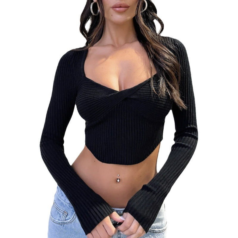 Damen Cropped Pullover mit schmalem Schnitt und Wickeldesign R&B