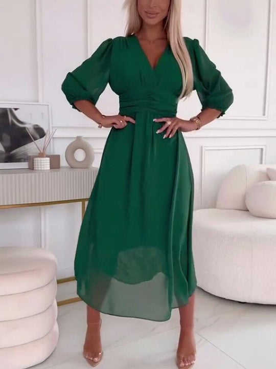 Damen Midikleid mit raffiniertem V-Ausschnitt und Puffärmeln R&B