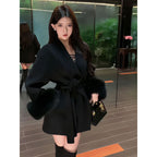 R&B | Damen Woll Winterjacke mit Fellmanschetten und Taillengürtel