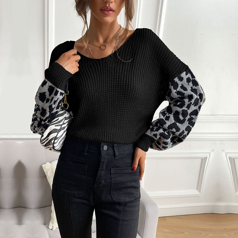 Damen Strickpullover mit modischem Leopardenmuster an den Ärmeln R&B
