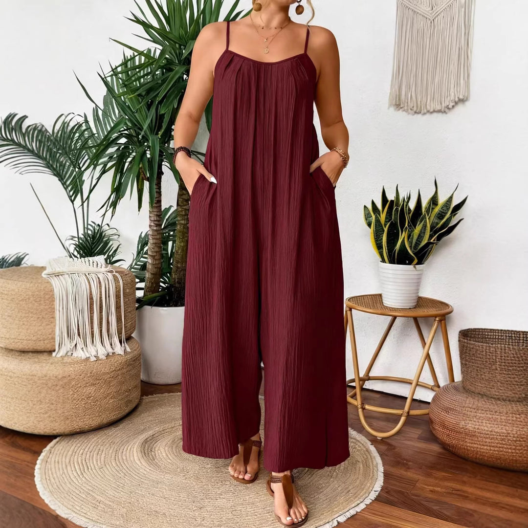 Damen luftiger Jumpsuit mit schmalen Spaghettiträgern und seitlichen Taschen R&B