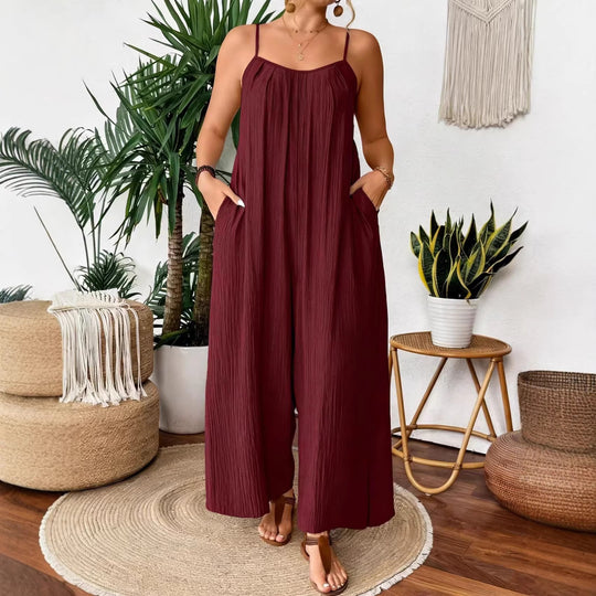 Damen luftiger Jumpsuit mit schmalen Spaghettiträgern und seitlichen Taschen R&B