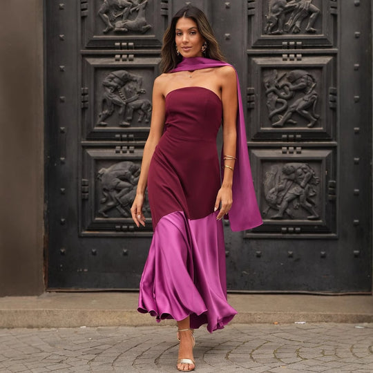 Damen Abendkleid mit asymmetrischem Schnitt und elegantem Überwurf R&B