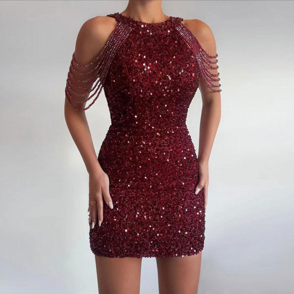 Damen Mini-Kleid mit glänzender Paillettenverzierung und eleganten Kettenärmel R&B