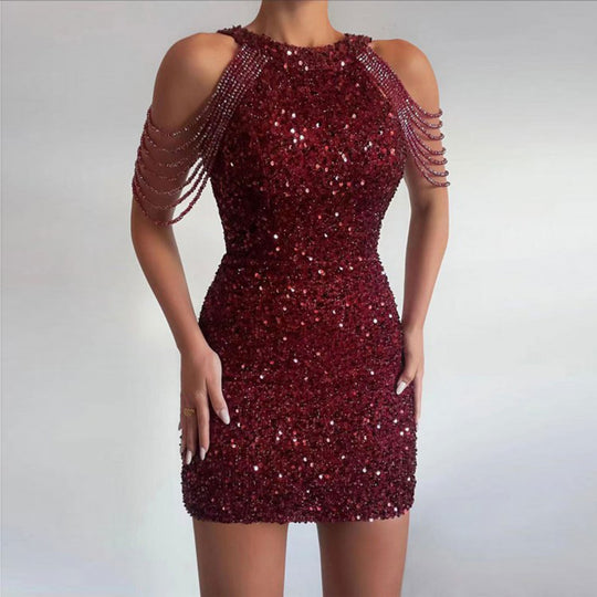 Damen Mini-Kleid mit glänzender Paillettenverzierung und eleganten Kettenärmel R&B