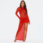 Damen Transparente Maxikleid mit Drapierungen und hochgeschlossenem Design R&B