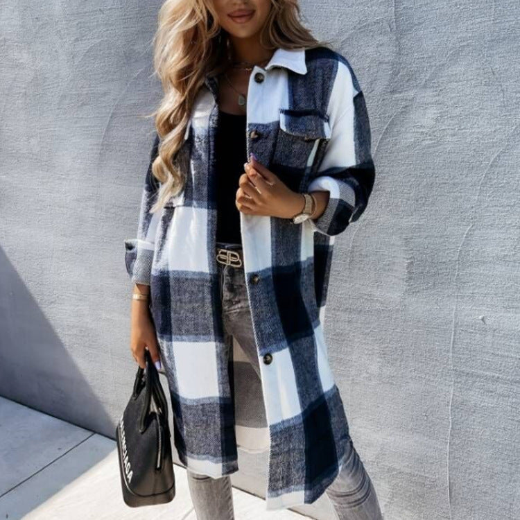 Damen lässige Karo-Hemdjacke mit asymmetrischem Schnitt und Taschen
