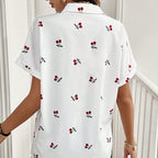 Damen Kurzarm Bluse mit Kirschmotiv und Tasche R&B