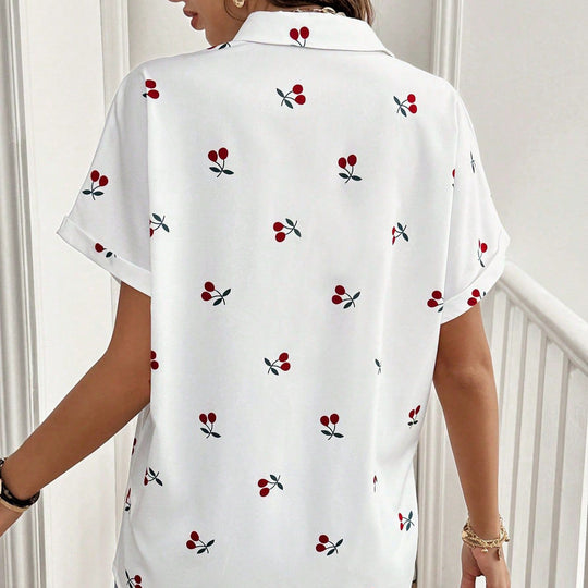 Damen Kurzarm Bluse mit Kirschmotiv und Tasche R&B
