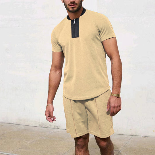 Herren Sportliches Kurzarm-T-Shirt mit Reißverschluss und Joggingshorts R&B