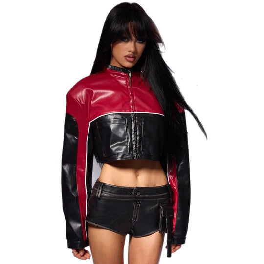 Damen cropped Bikerjacke mit kontrastierenden Ärmeln R&B
