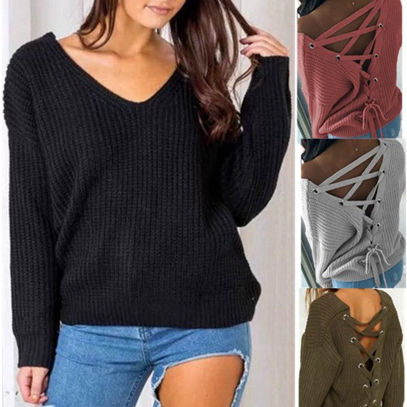 Damen Strickpullover mit kreativem Rückendesign und einzigartigen Schnürdetails R&B