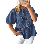 Damen Modische Jeansbluse mit dekorativen Schleifendetails und voluminösen Ärmeln R&B