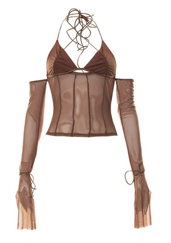 Damen Crop-Top mit transparentem Design und raffinierten Rüschenärmeln R&B