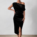 Damen Elegantes Schulterfreies Midikleid im Fließenden Design R&B