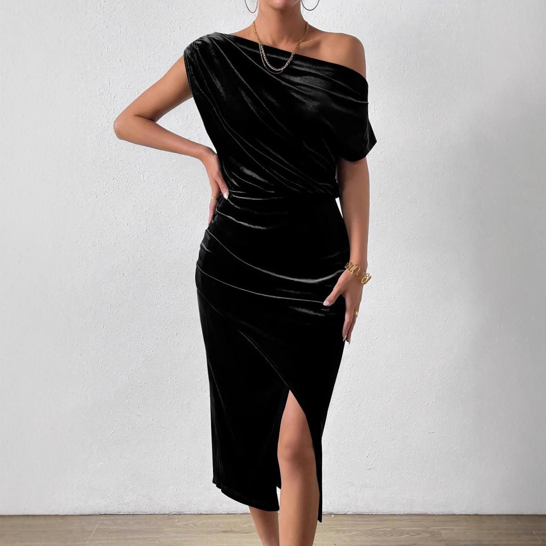 Damen Elegantes Schulterfreies Midikleid im Fließenden Design R&B