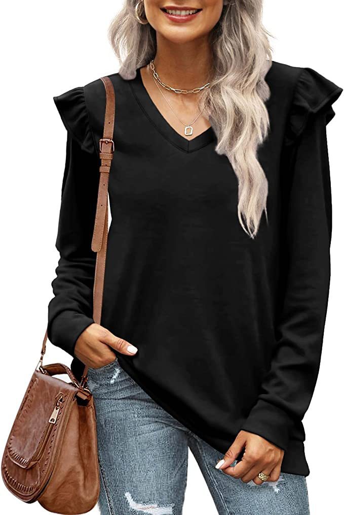Damen V-Ausschnitt Langarmshirt mit Rüschendetails und lockerem Schnitt R&B
