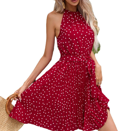Damen Plissiertes Sommerkleid mit Bindegürtel und Polka-Dots R&B