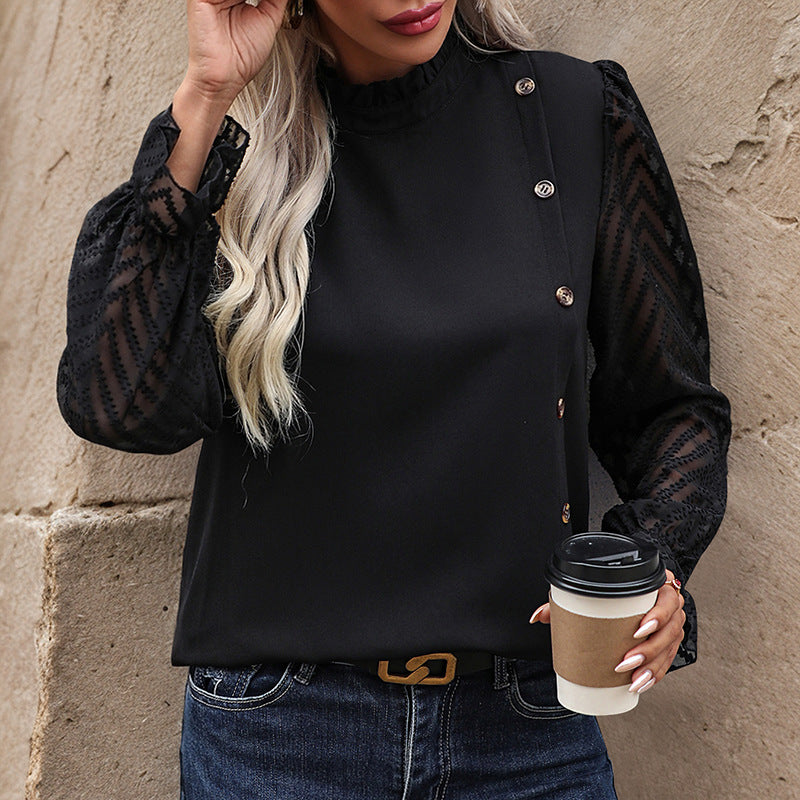 Damen Modisches Blusenshirt mit Rüschendetails und Knopfverzierung R&B