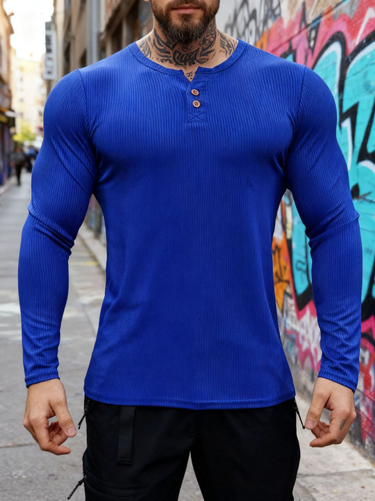 Herren nan geripptes Langarm-Henleyshirt mit flacher Knopfleiste und körperbetonter Stretch-Passform R&B