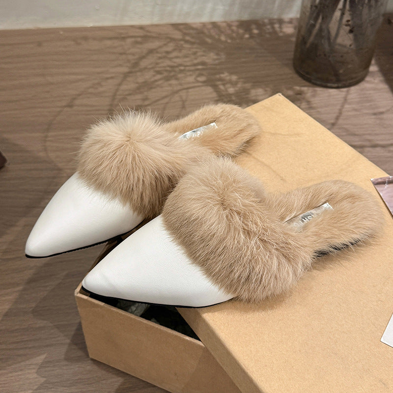 Damen elegante Ballerina mit luxuriösem Kunstfellkragen R&B