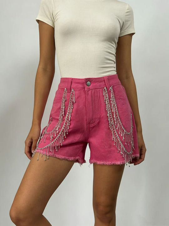 Damen Designer Denim-Shorts mit trendigen Kettenverzierungen R&B
