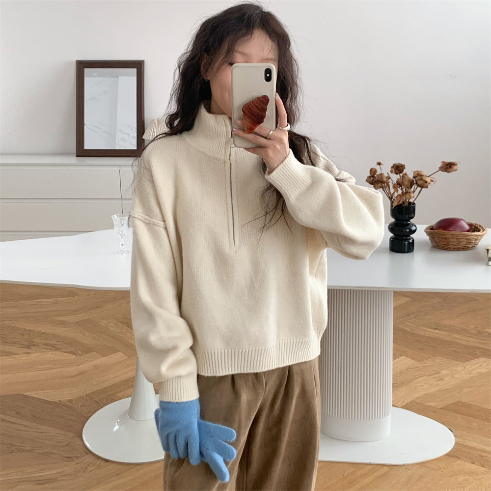 Damen Kurzpullover mit Stehkragen und Reißverschluss
