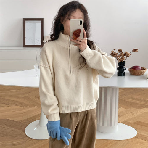 Damen Kurzpullover mit Stehkragen und Reißverschluss R&B