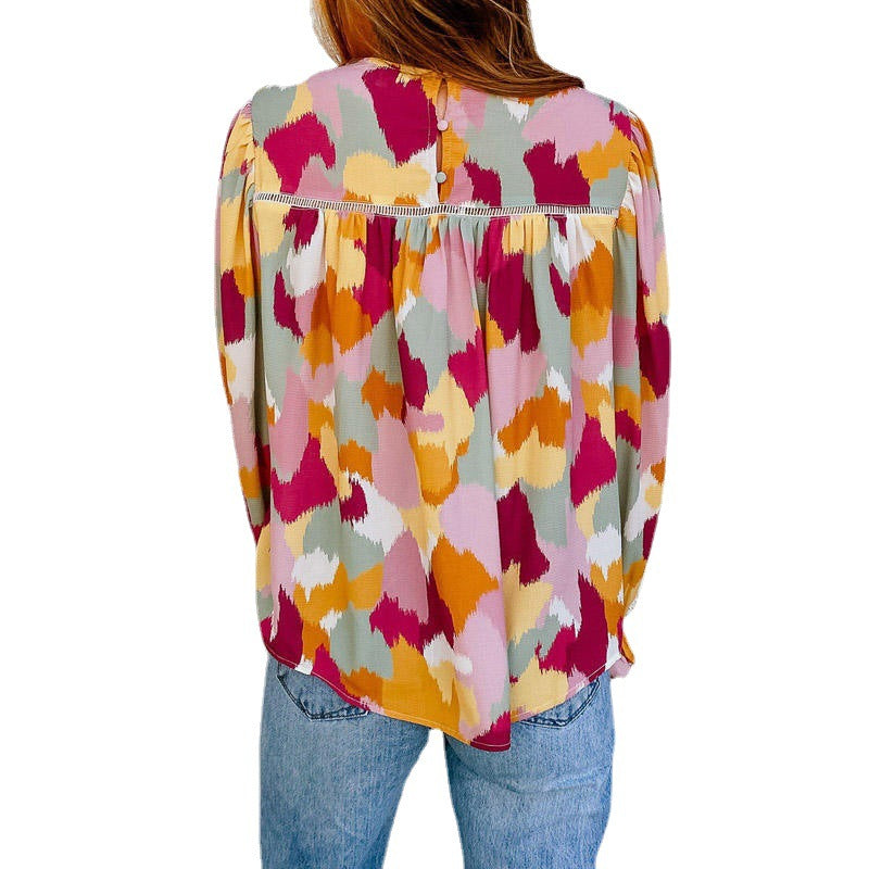 Damen Bluse mit künstlerischem Druck und gerafften Manschetten R&B