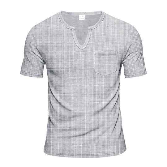 Herren nan Kurzarmshirt mit geschlitztem V-Ausschnitt strukturierter Leinenoptik und aufgesetzter Brusttasche R&B