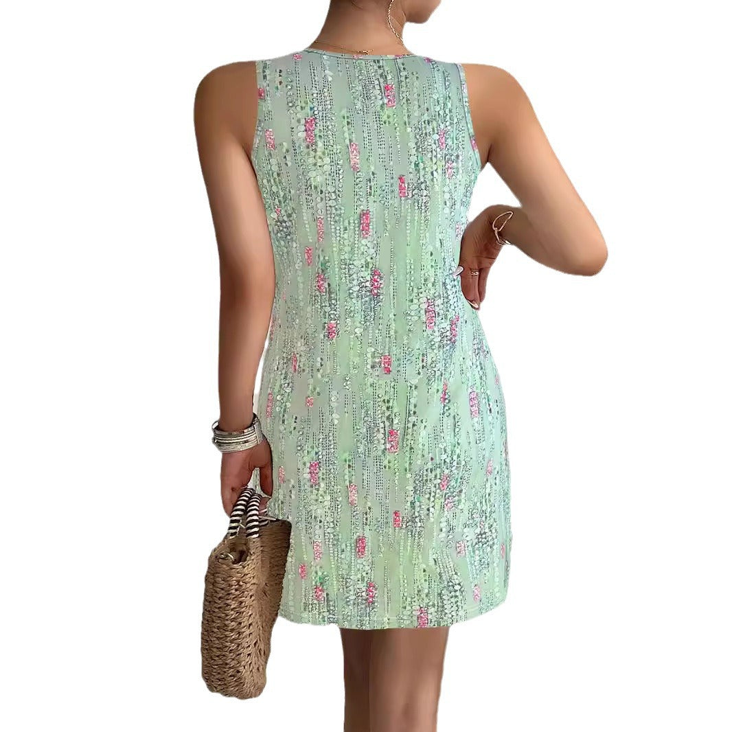 Damen ärmelloses Sommerkleid mit modischem V-Ausschnitt und Knopfdetails R&B