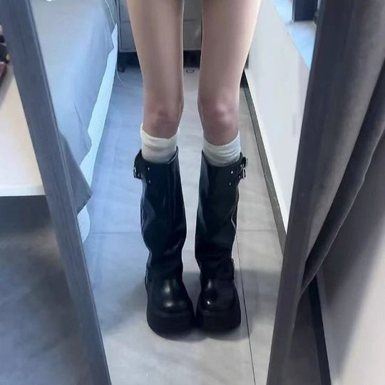 Damen Overknee Stiefel mit verstellbaren Riemen und modischem Reißverschluss R&B