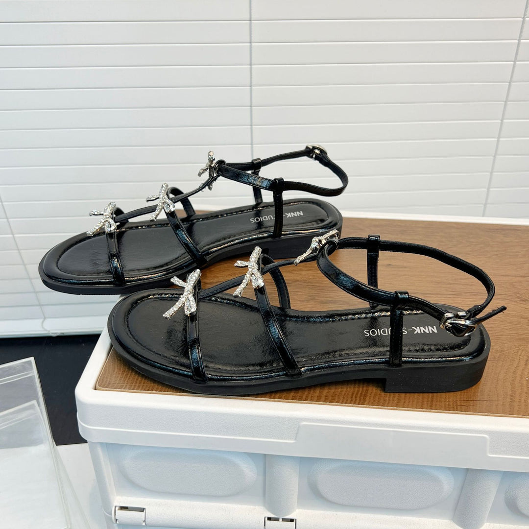 Damen Elegante Sandalen mit glitzernden Schleifen und verstellbarem Riemendesign R&B