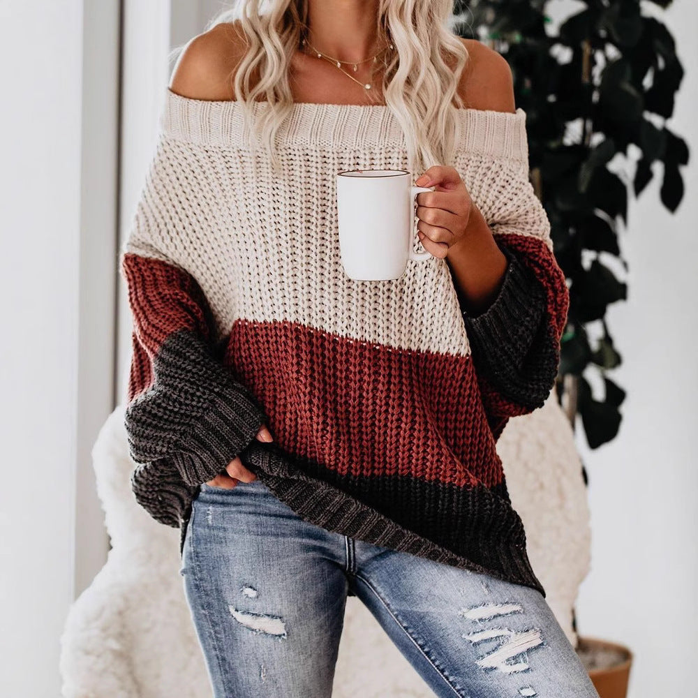 Damen lässiger Strickpullover mit weitem Ausschnitt und Farbblockdesign R&B